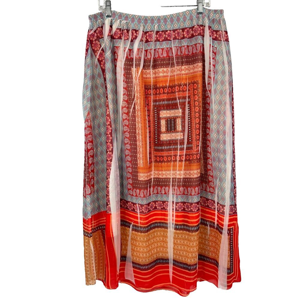 Unity Boho Maxi Skirt Size 1X Flowy‎ Chiffon Overlay Wearable Art Elastic Waist